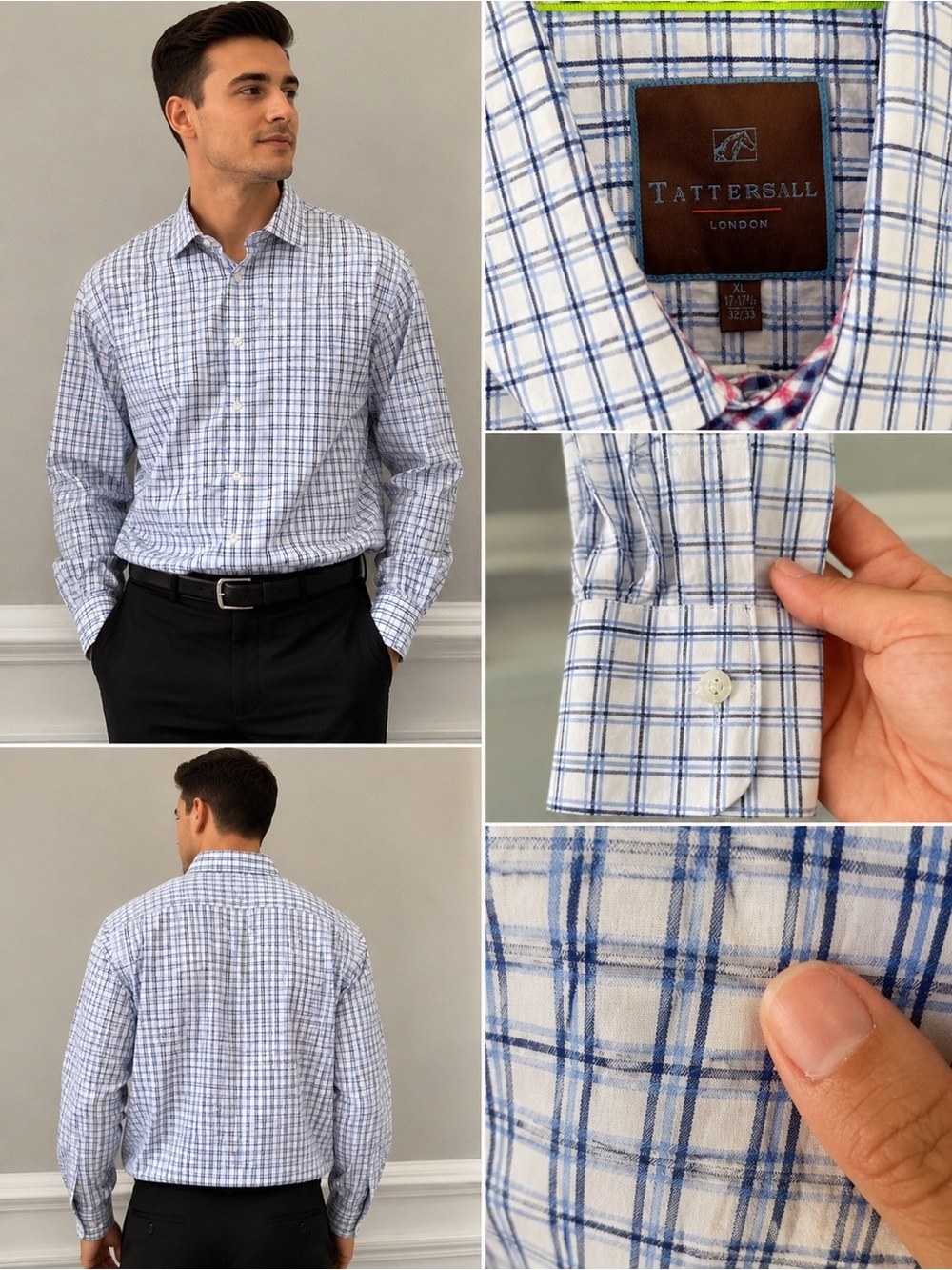 Tattersall London Men's Blue & White Checked Dress Shirt
